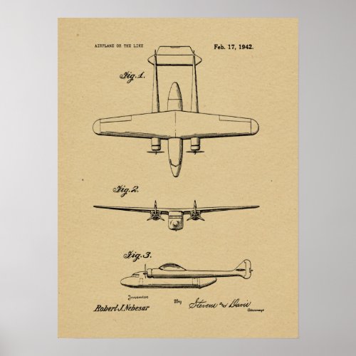 1942 Vintage Airplane Patent Drawing Art Print