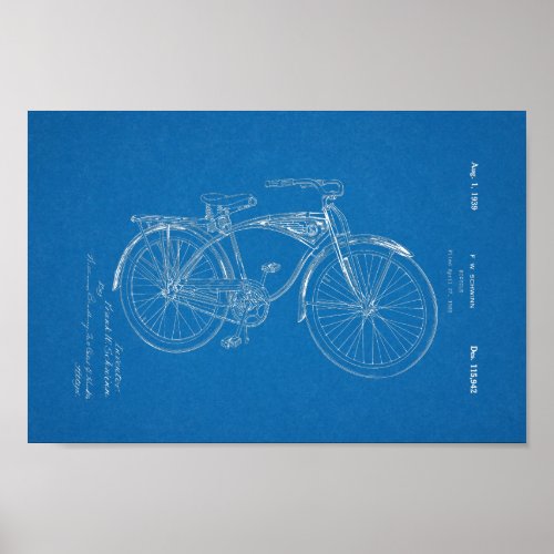 1942 Vintage Schwinn Bicycle Patent Blueprint Art Poster