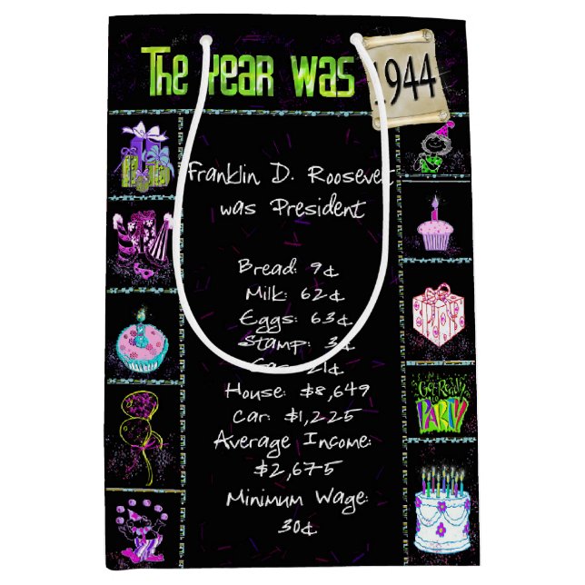 1944 Birth Year Trivia on Black  Medium Gift Bag (Front)