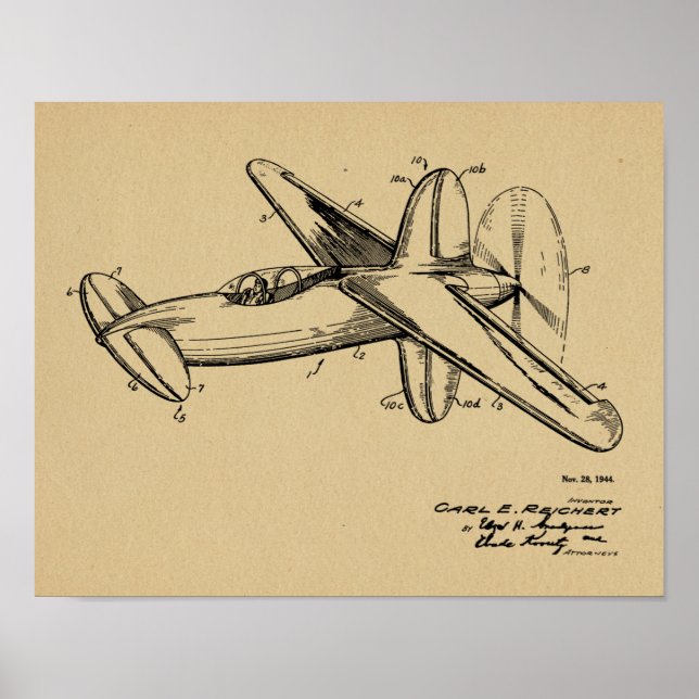 1944 Pusher Airplane Patent Art Drawing Print (Front)