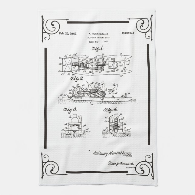 1945 Fly fishihg boat patent drawing Towel (Vertical)