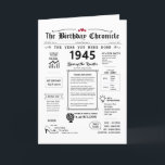 1945 The Year You Were Born Birthday Card<br><div class="desc">Step back in time with our captivating 1945 birthday card! Overflowing with intriguing facts and pivotal moments, it's a personalized voyage through 1940's history tailored for your special birthday. This 1945 birthday card is filled with captivating details and nostalgic glimpses of yesteryears. Explore significant milestones such as the invention of...</div>