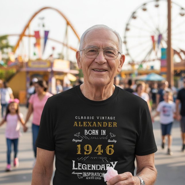 1946 Birthday Personalized Legendary Black T-Shirt (80th birthday t-shirt worn by a man at a theme park.)