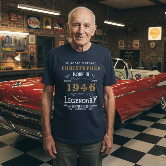 1946 Birthday Personalized Legendary Blue T-Shirt (1946 t-shirt worn in a car garage)