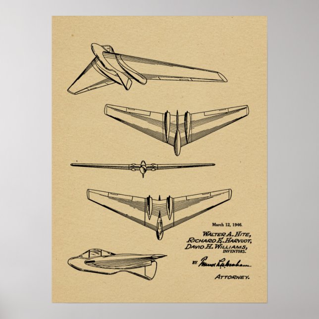 1946 Flying Wing Airplane Patent Art Drawing Print (Front)