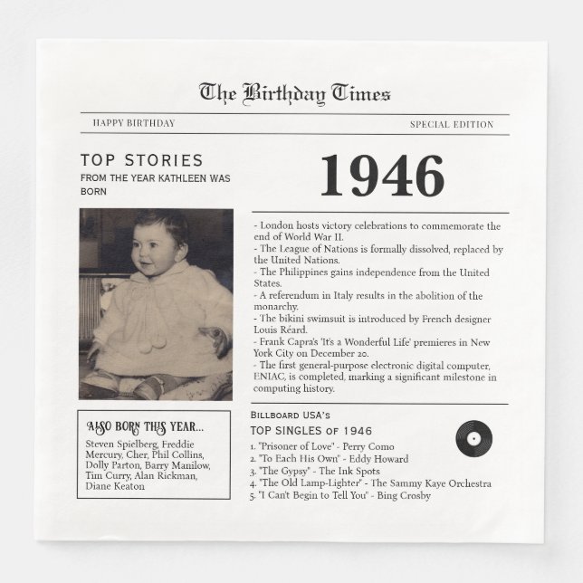 1946 Newspaper Birthday Paper Napkin (Front)