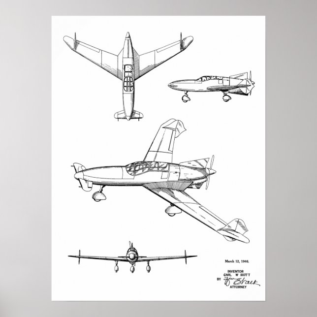 1946 Rear Prop Airplane Patent Art Drawing Print (Front)