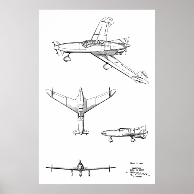 1946 Rear Prop Airplane Patent Art Drawing Print (Front)