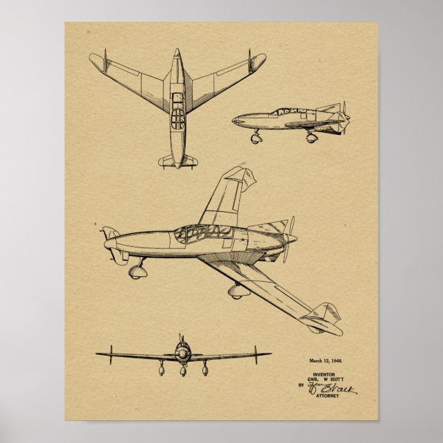 1946 Rear Prop Airplane Patent Art Drawing Print (Front)