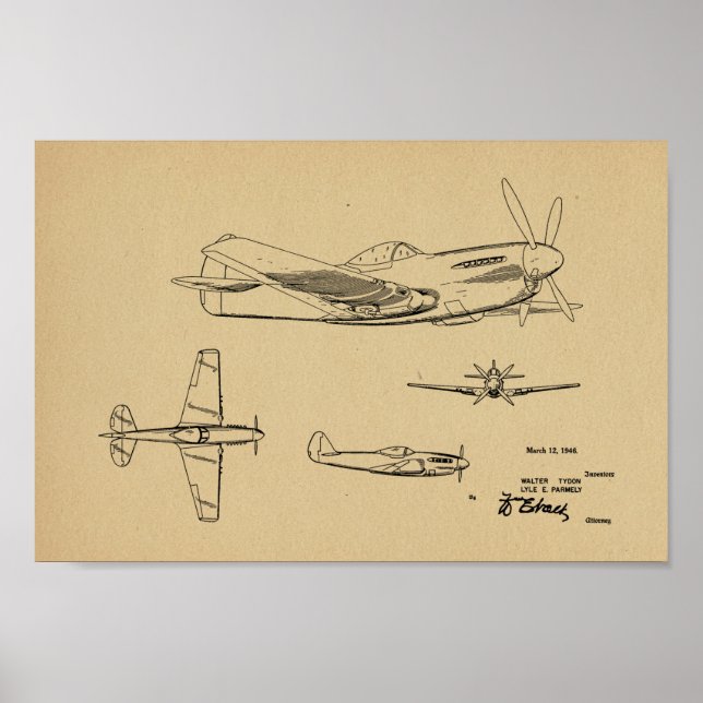 1946 WW2 Airplane Patent Art Drawing Print (Front)