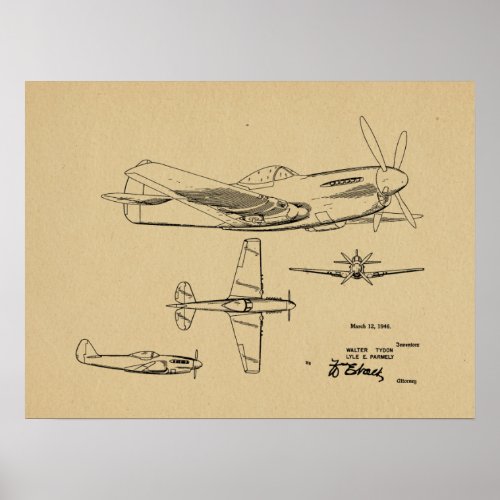 1946 WW2 Airplane Patent Art Drawing Print