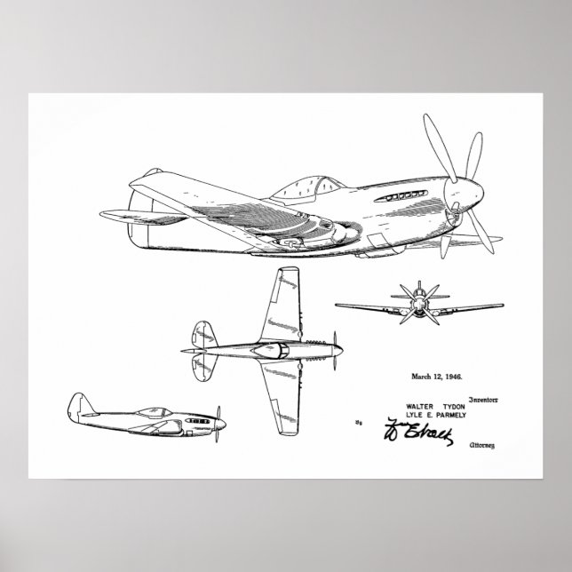 1946 WW2 Airplane Patent Art Drawing Print (Front)