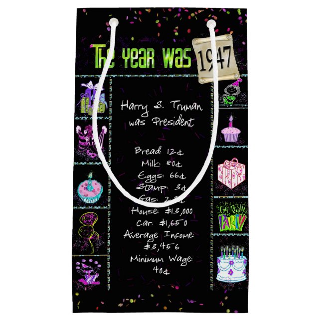 1947 Birth Year Trivia on Black Small Gift Bag (Front)