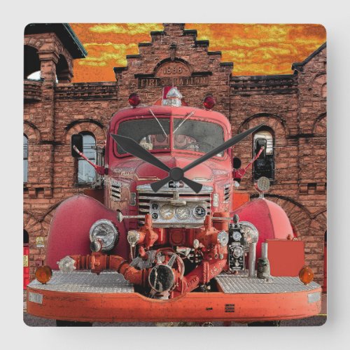 1947 International Fire Truck Design Square Wall Clock