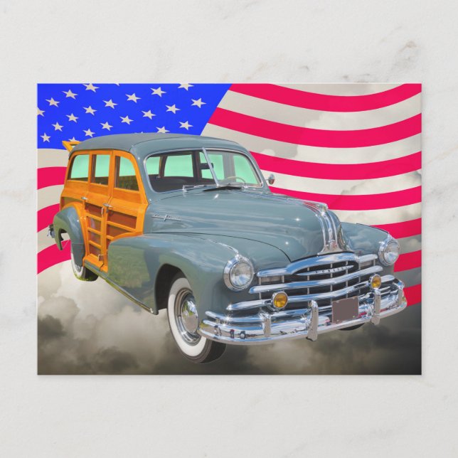 1948 Pontiac Silver Streak Woody And US Flag Postcard (Front)