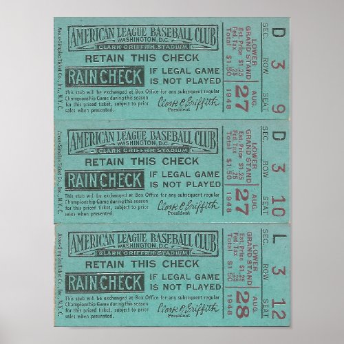 1948 Rain Check Tickets Baseball Washington DC Poster