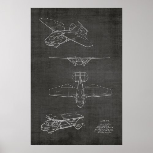1949 Flying Car Airplane Patent Art Drawing Print