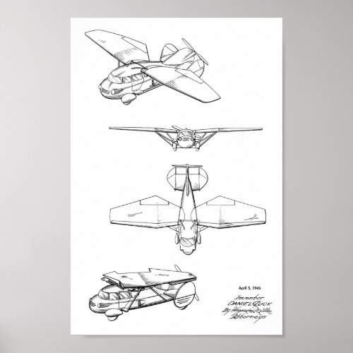 1949 Flying Car Airplane Patent Art Drawing Print