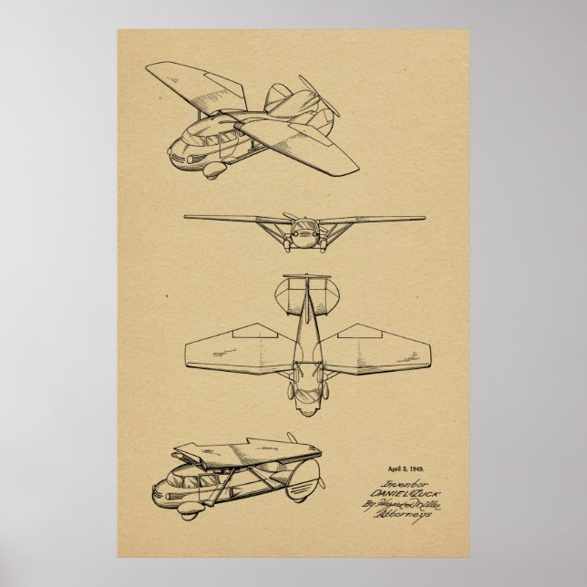 1949 Flying Car Airplane Patent Art Drawing Print (Front)