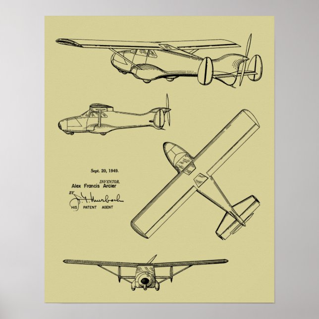 1949 Rear Prop Airplane Patent Art Drawing Print (Front)