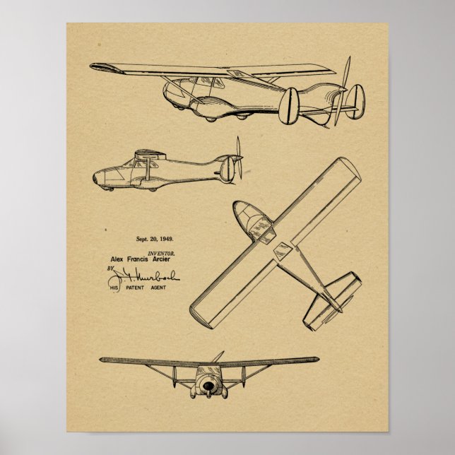 1949 Rear Prop Airplane Patent Art Drawing Print (Front)