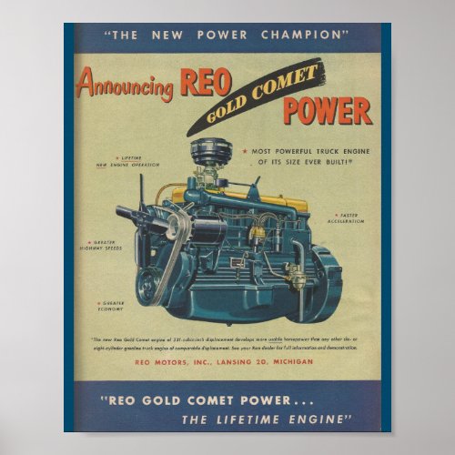 1949 REO Gold Comet Truck Engine MOTOR Ad Poster