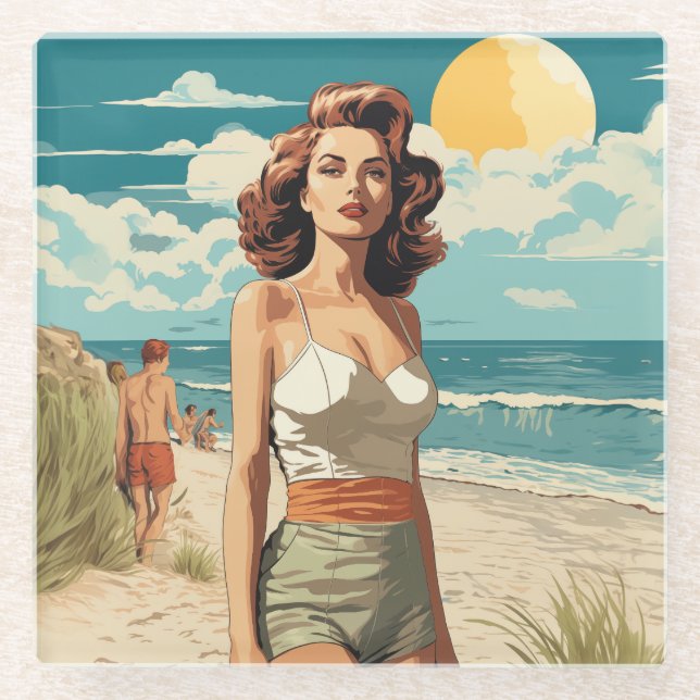 1950 Beach Girl Glass Coaster (Front)