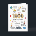 1950 Birthday Card For Dad or Mom<br><div class="desc">Take a journey back to the year 1950 with this one of a kind birthday card that’s bursting with vintage charm. More than just a card, it’s a mini time capsule filled with captivating facts from the year you were born. Front and center, 1950 takes the spotlight, surrounded by a...</div>