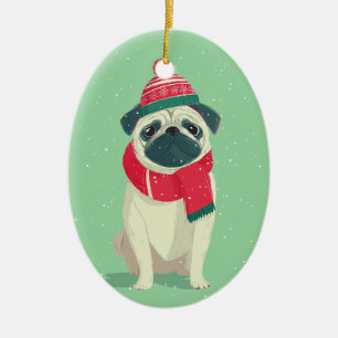 1950 Christmas Pug Ceramic Ornament