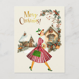 1950 Christmas Vintage Lady   Holiday Postcard