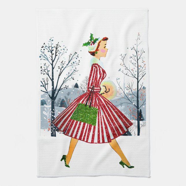 1950 Christmas Vintage Lady  Kitchen Towel (Vertical)