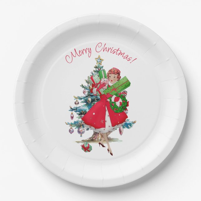 1950 Christmas Vintage Lady  Paper Plates (Front)