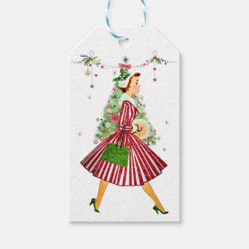 1950 Christmas Woman with Christmas Tree Gift Tags