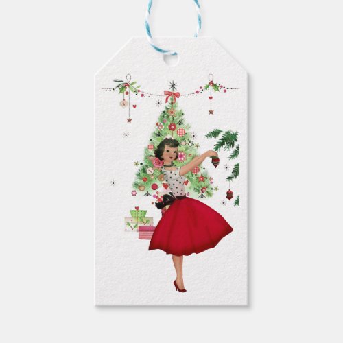 1950 Christmas Woman with Christmas Tree Gift Tags