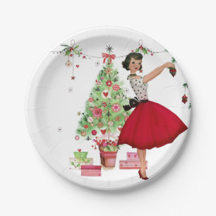 1950 Christmas Woman with Christmas Tree Paper Plates