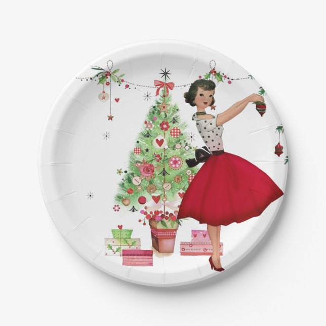 1950 Christmas Woman with Christmas Tree Paper Plates (Front)