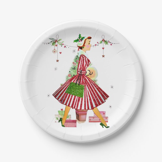 1950 Christmas Woman with Christmas Tree Paper Plates (Front)