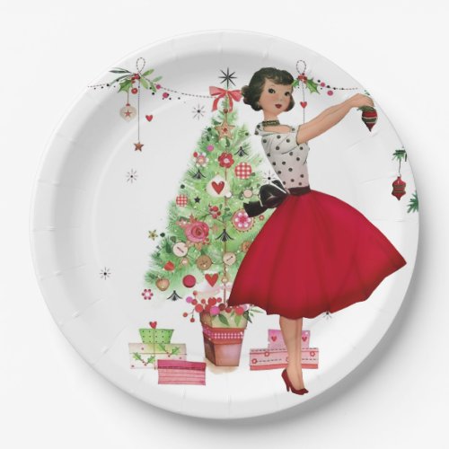 1950 Christmas Woman with Christmas Tree Paper Plates