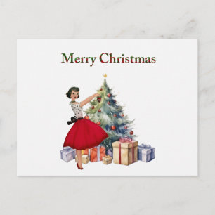 1950 Christmas Woman with Christmas Tree Postcard