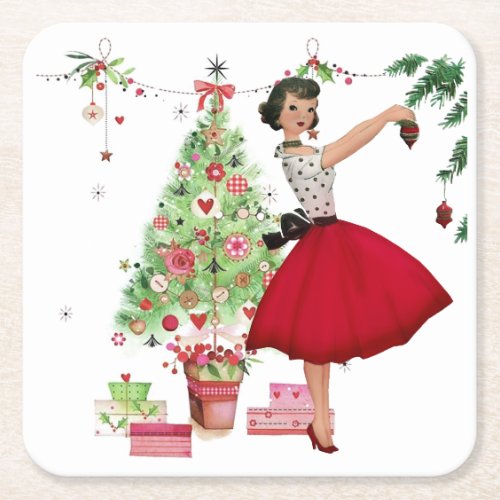 1950 Christmas Woman with Christmas Tree Square Paper Coaster