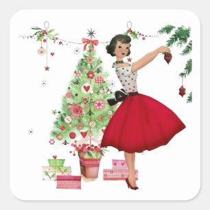 1950 Christmas Woman with Christmas Tree Square Sticker