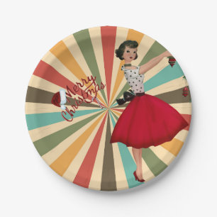 1950 Christmas Woman with Retro Background Paper Plates