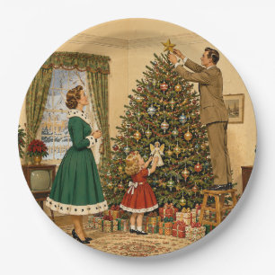 1950 Family Decorating Xmas Tree Merry Christmas Paper Plates