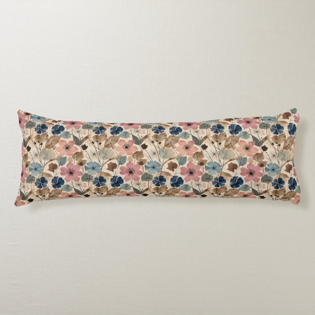 1950 Flowers in Dusty Pink, Blue Body Pillow (Front)
