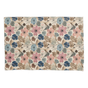 1950 Flowers in Dusty Pink, Blue Pillow Case