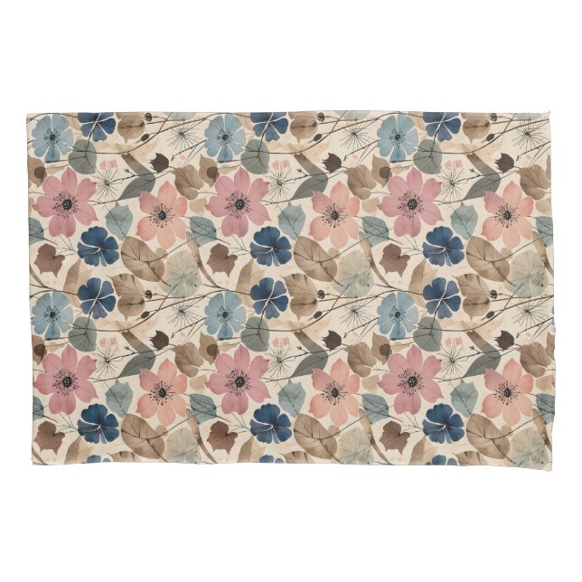 1950 Flowers in Dusty Pink, Blue Pillow Case (Front)