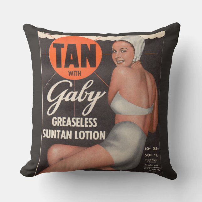 1950 Gaby Suntan Lotion ad Throw Pillow (Front)