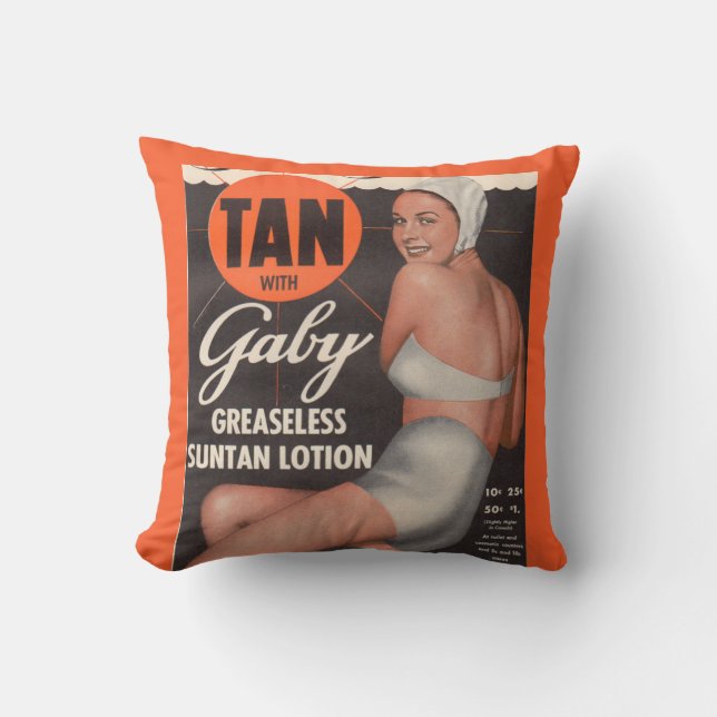1950 Gaby Suntan Lotion ad Throw Pillow (Front)