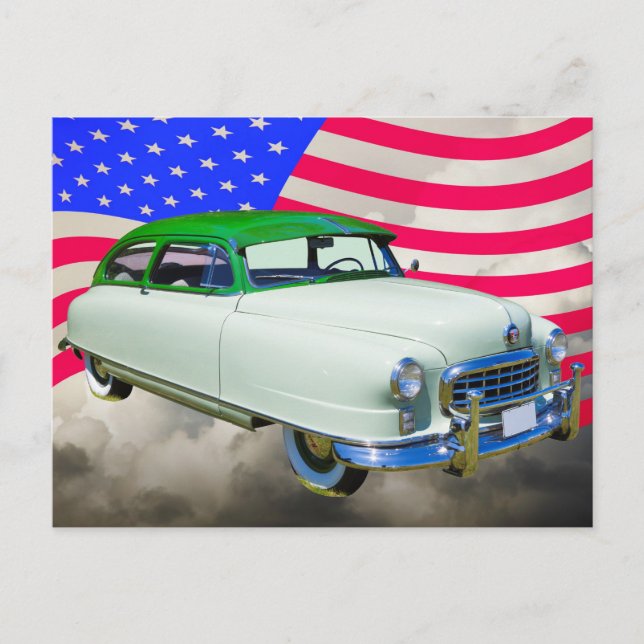 1950 Nash Ambassador Car And American Flag Postcard (Front)