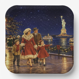 1950 New York Christmas Statue Liberty Wagner Park Paper Plates